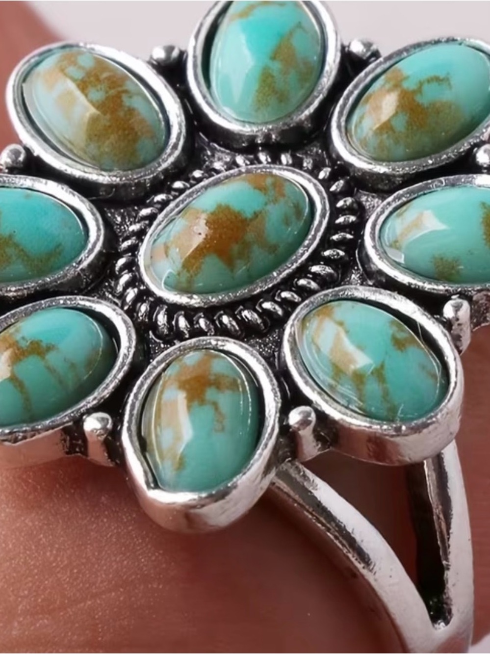 Turquoise Stone Floral Ring - Silver Tone - Women Jewelry